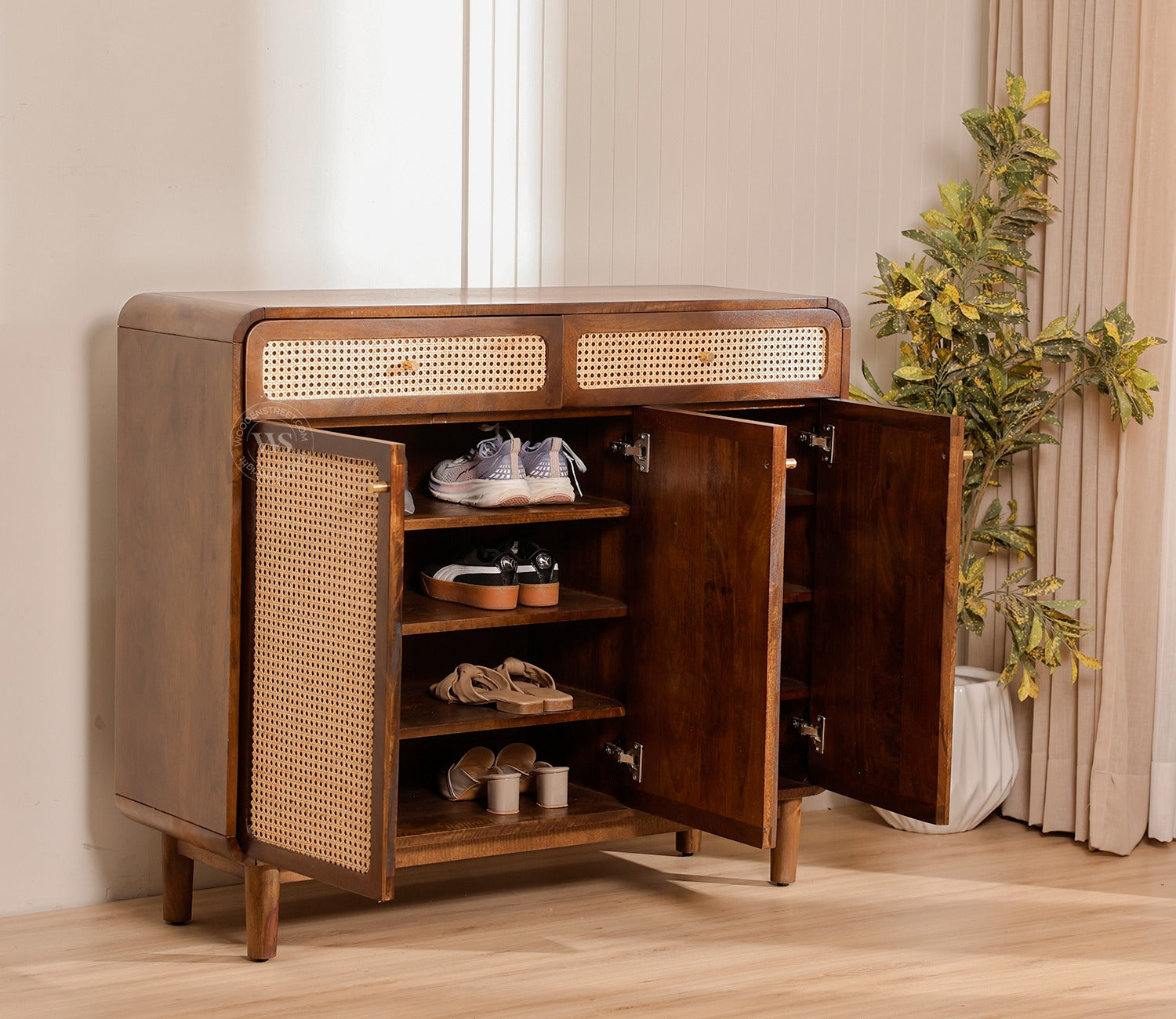 Dashlet Premium Solid Wood Shoe Cabinet With Cane Detailing (Mango Wood, Teak Finish)