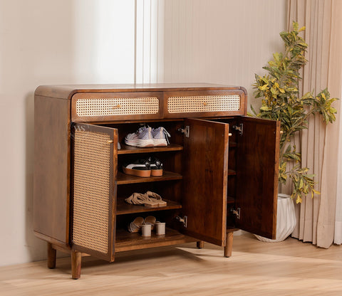 Dashlet Premium Solid Wood Shoe Cabinet With Cane Detailing (Mango Wood, Teak Finish)