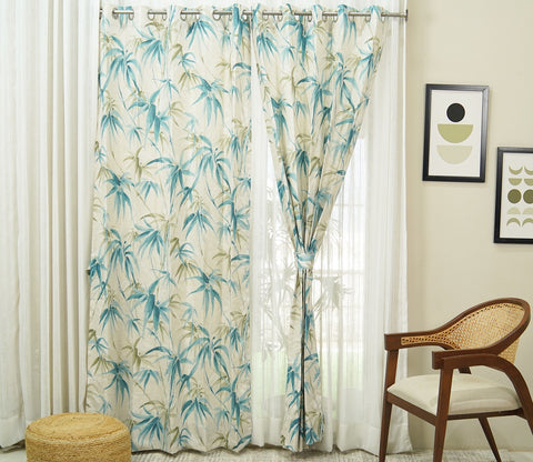 Fern Light-Filtering Door Curtains Set of 2 (Blue, 7 Feet)