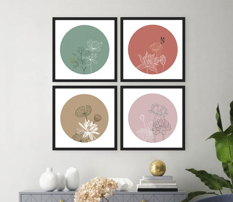 Ayana Blooming Contemporary Floral Art Set of 4 Wall Frame (Square, Black, 16x16 Inch, Matte Paper)