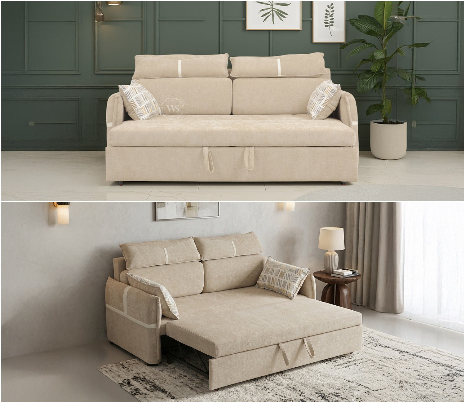 Centrica 3 Seater Premium Fabric Sofa Cum Bed Pull Out Mechanism (Beige)