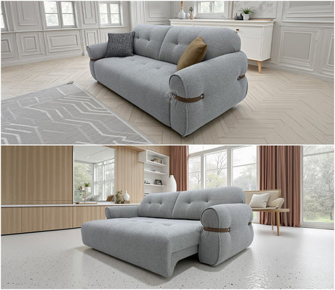 Reva 3-Seater Electric Sofa Cum Bed | Motorized Conversion Mechanism | Fabric Upholstery (Light Grey)