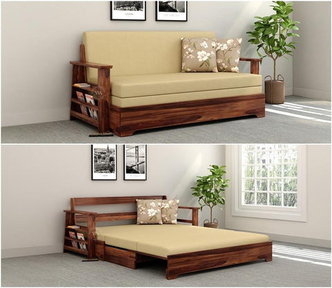 Della Sheesham Wood Sofa Cum Bed With Armrests (Honey Irish Cream)