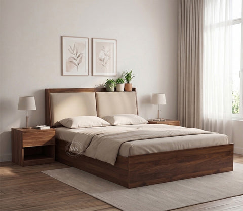 Calmora Engineered Wood Bed with Upholstered Headboard and Spacious Box Storage (Queen Size, Columbian Walnut Finish)