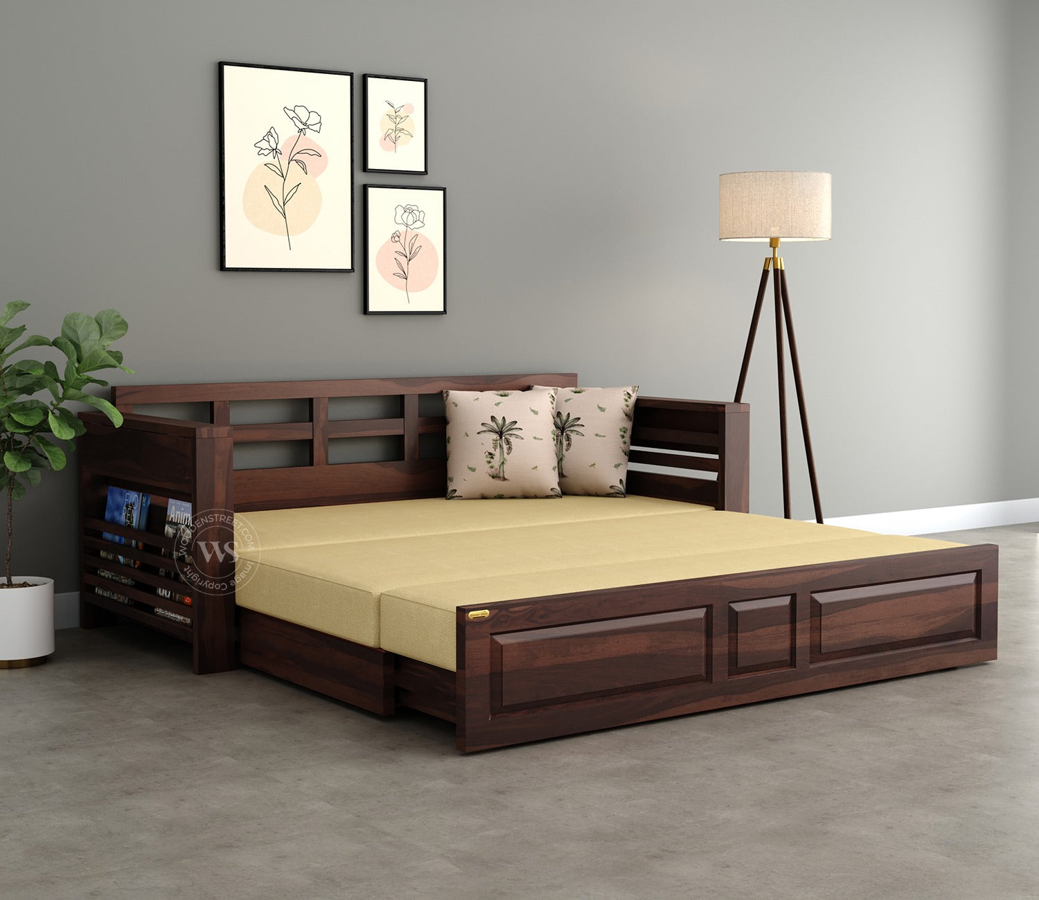 Feltro Sheesham Wood Sofa Bed With Storage (King Size, Walnut Irish Cream)