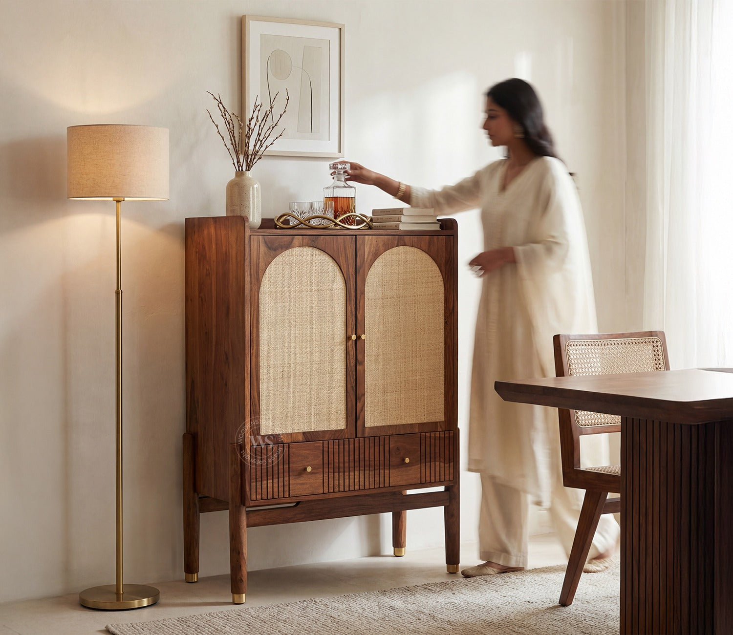 Amodh Sheesham Wood Bar Cabinet with Arched Cane Doors & Brass Handles (Teak Finish)