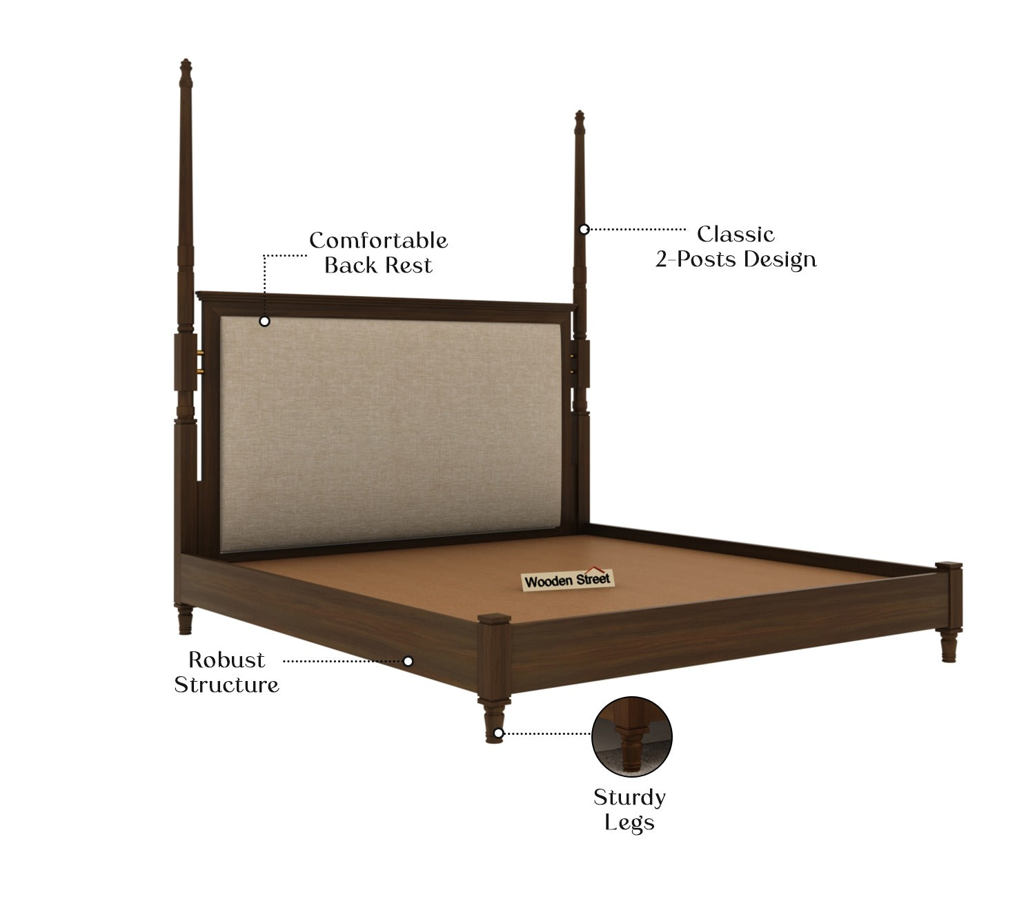 Regal Ash Wood Upholstered Poster Bed Without Storage (King Size, Teak Finish)