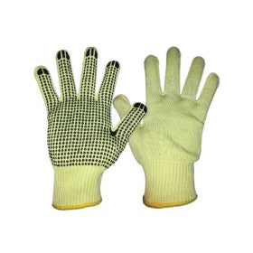 Trueliving_Knitted Gloves with High tenacity Nylon with PVC Dots Size   ---    22cm to 25cm  Gauge  ---   10G  Heat Resistance  --  100°C  Cut Resistance Level   ---  5