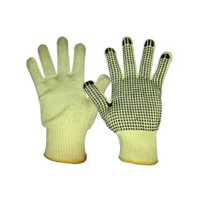 Trueliving_Knitted Gloves with High tenacity Nylon with PVC Dots Size   ---    22cm to 25cm  Gauge  ---   10G  Heat Resistance  --  100°C  Cut Resistance Level   ---  5