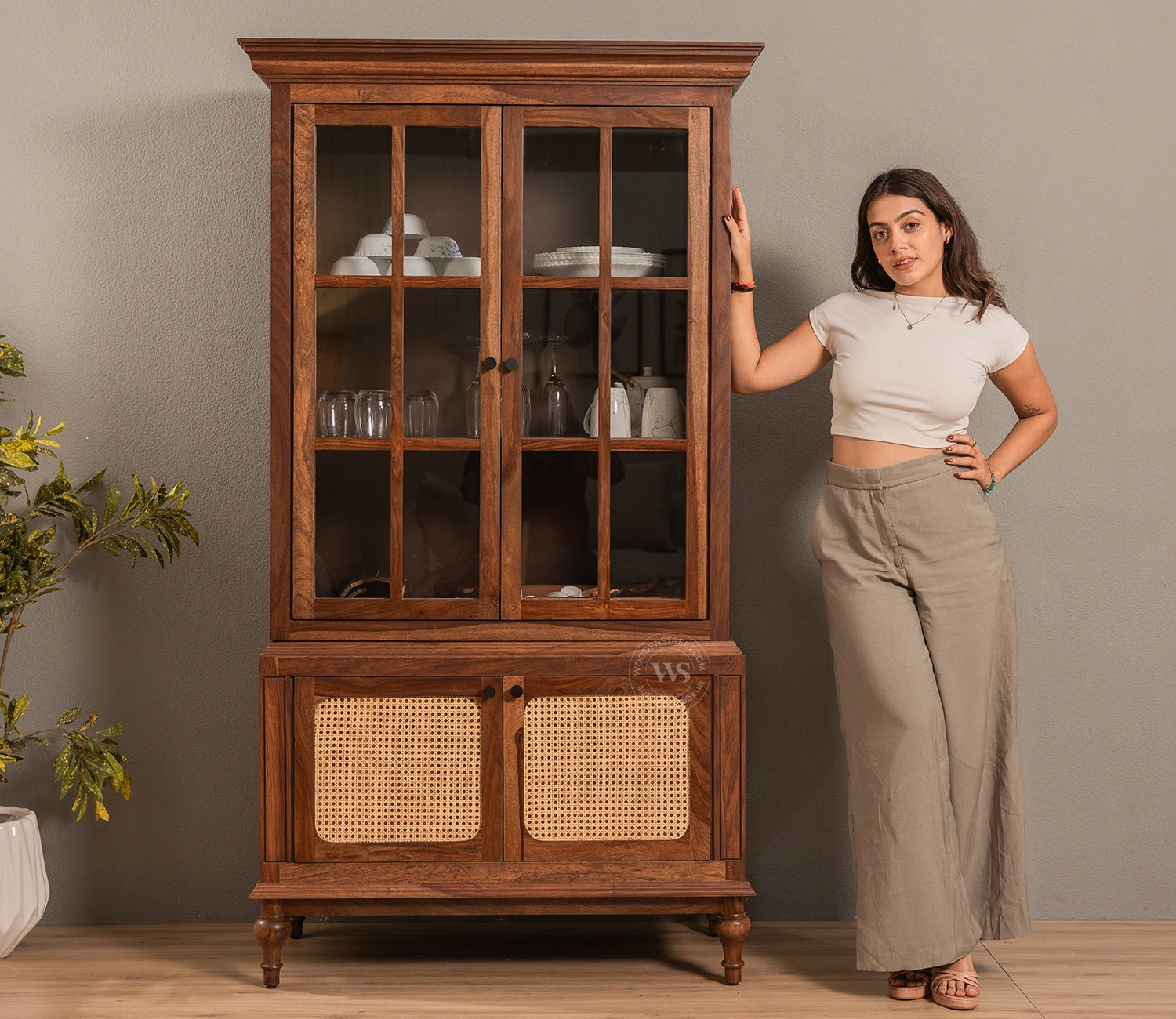 Taksha Sheesham Wood Kitchen Cabinet with Glass Doors & Cane Accent (Teak Finish)