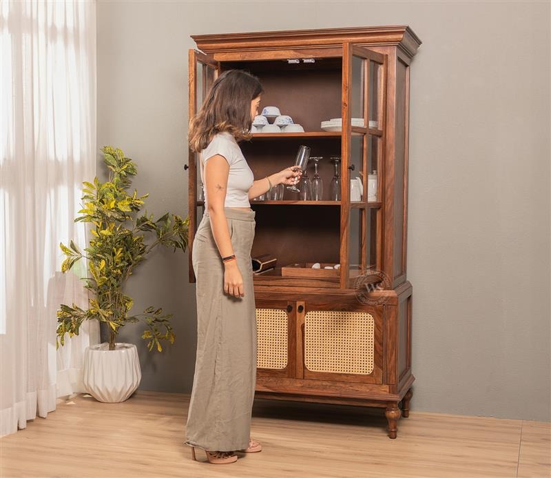 Taksha Sheesham Wood Kitchen Cabinet with Glass Doors & Cane Accent (Teak Finish)