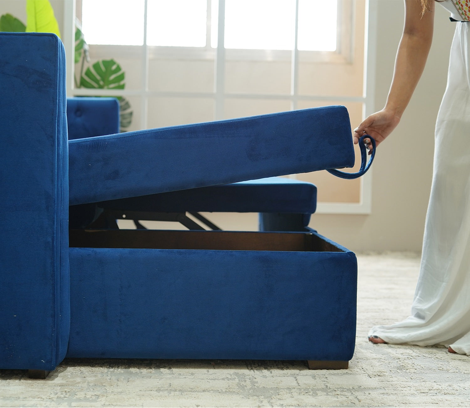 Berlin Left Aligned Convertible Sofa Cum Bed with Storage (Velvet, Indigo Blue)