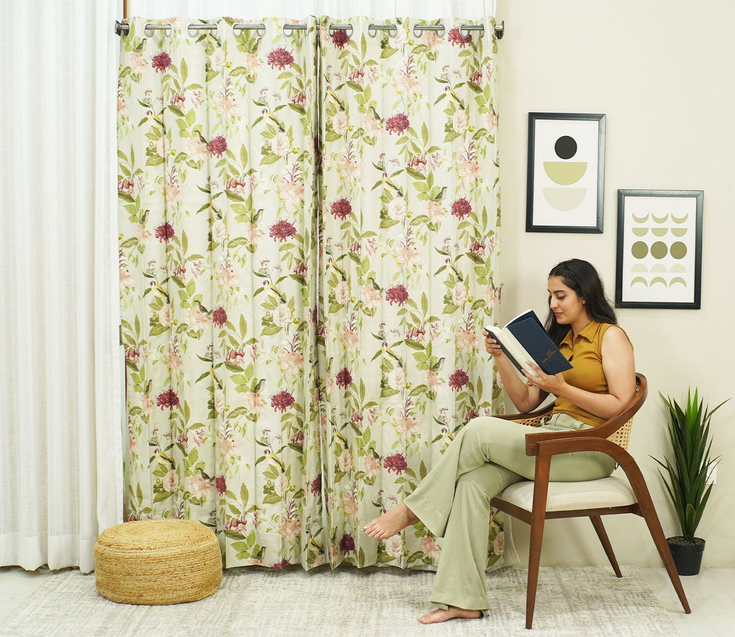 Bird Light-Filtering Door Curtains Set of 2 (Light Green, 7 Feet)