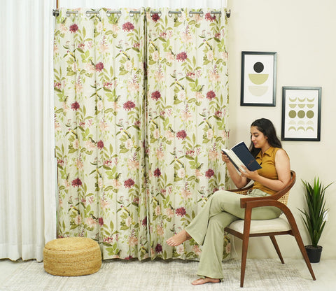 Bird Light-Filtering Door Curtains Set of 2 (Light Green, 7 Feet)