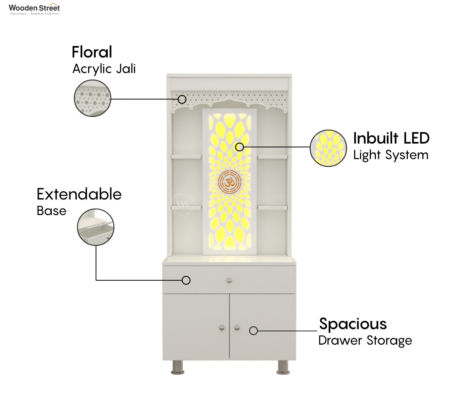 Vidyut Engineered Wood Home Temple With Inbuilt LED Light System (White Finish)