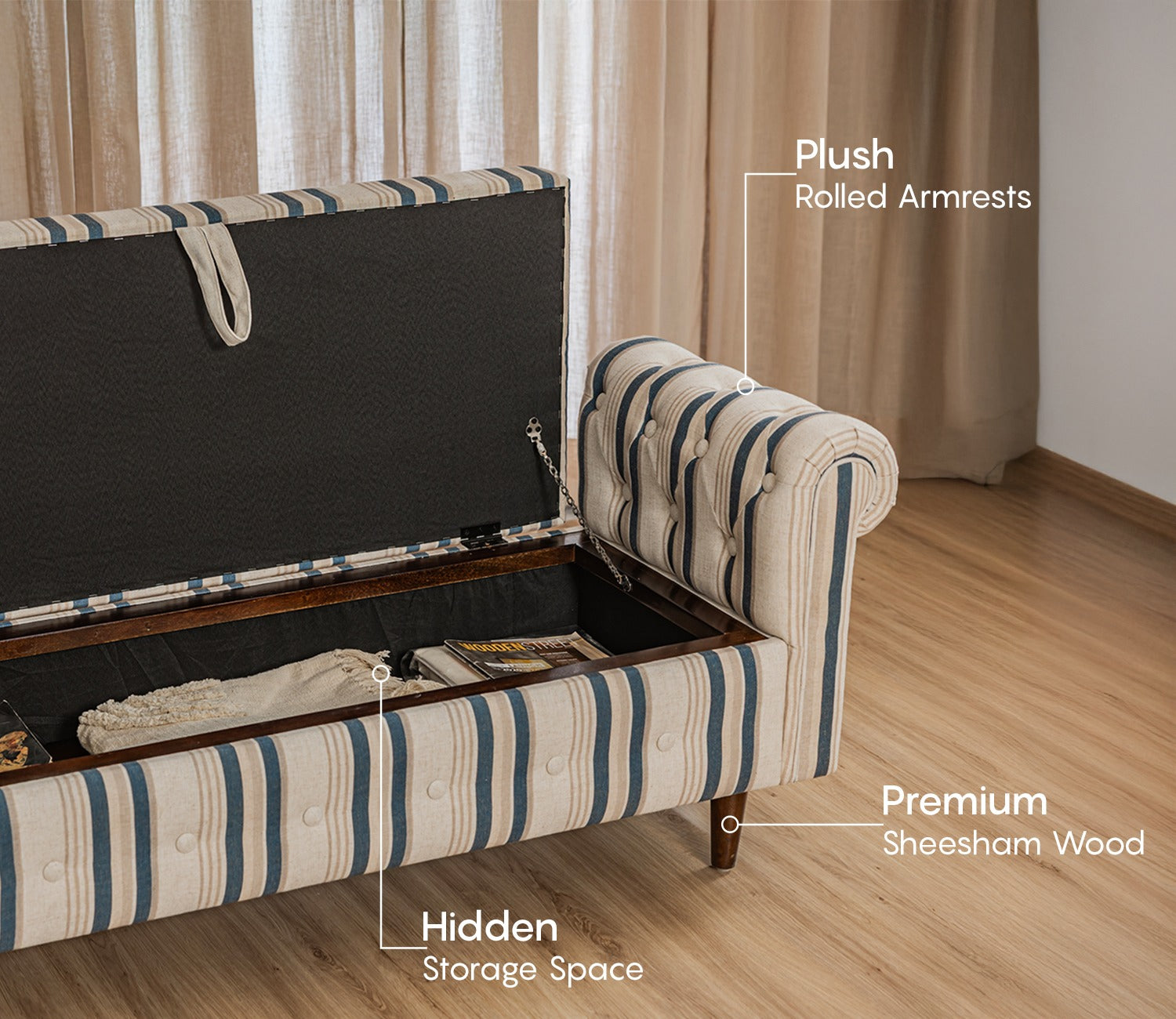 Velo Cushioned Hand Carved Sofa Bench With Hidden Storage (Blue Strip)