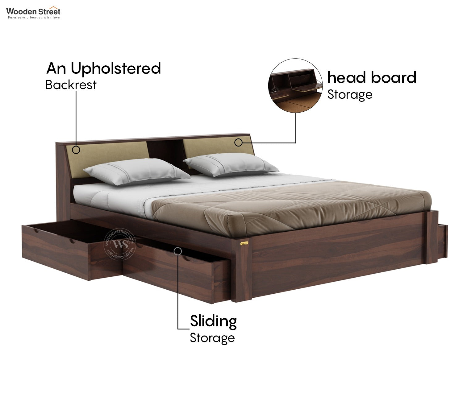 Walken Sheesham Wood Bed with Full Drawer Storage (King Size, Walnut Finish)