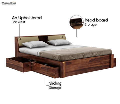 Walken Sheesham Wood Bed with Full Drawer Storage (Queen Size, Honey Finish)