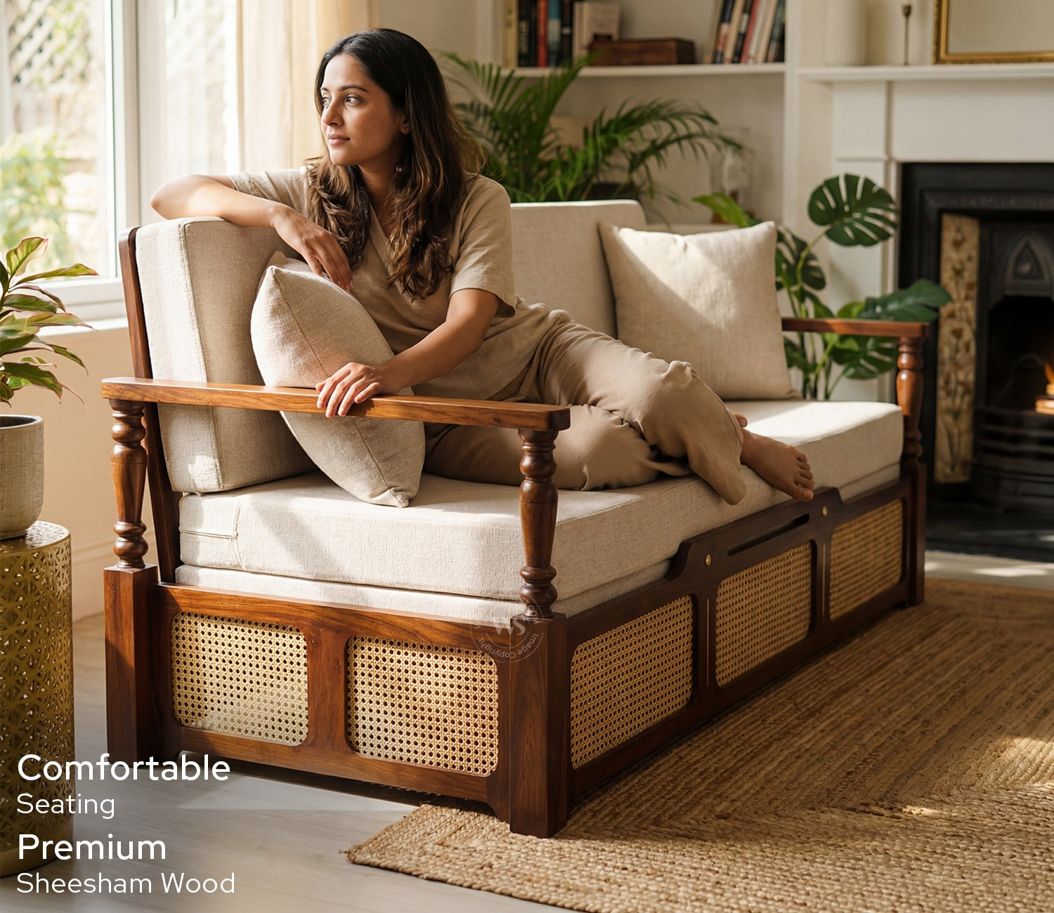 Ayaana Sheesham Wood 3 Seater Sofa Cum Bed with Cane Weaving | Opens to Double Bed (78x62) | Premium Upholstery | Sleeps 2 Adults (Teak Finish, Jade Ivory)