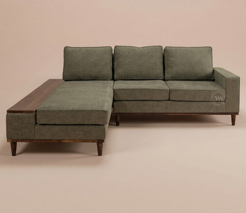 Ashion Premium Left Aligned L Shape Sofa with Built-in Side Wooden Deck (Sage Green)