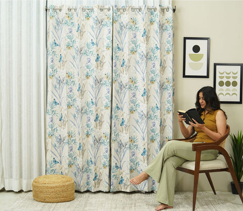 Butterfly 1 Piece Light-Filtering Curtain (Blue, 7 Feet)