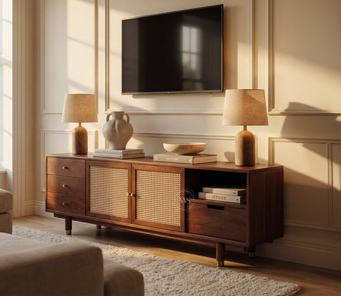 Eka Premium Mango Wood TV Unit with Natural Cane Detailing - Bohemian Contemporary Design (Teak Finish)