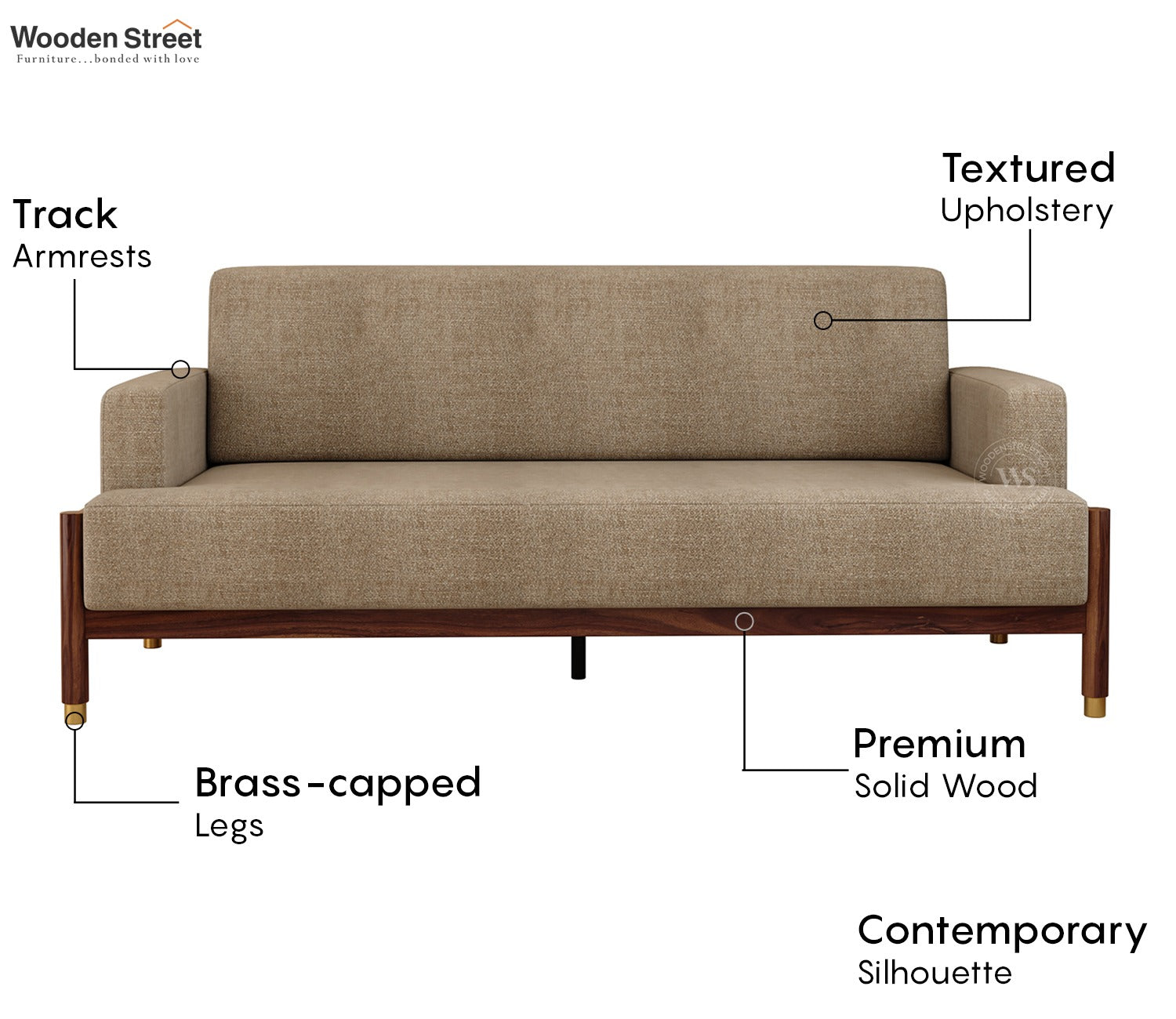 Kairav Modern 3 Seater Wooden Sofa with Premium Upholstery (Pebble Beige)