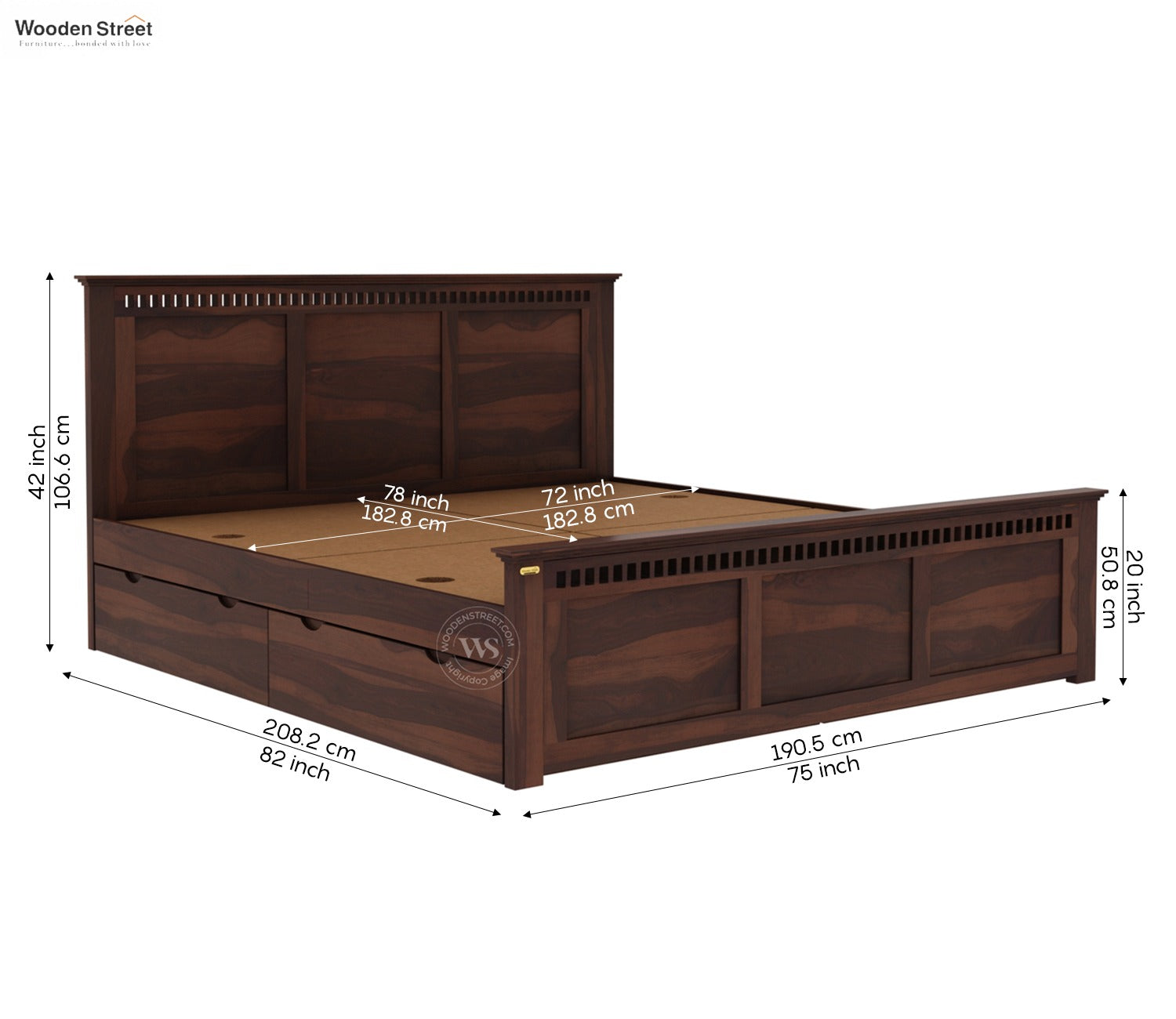 Adolph Sheesham Wood Bed With Side Storage (King Size, Walnut Finish)