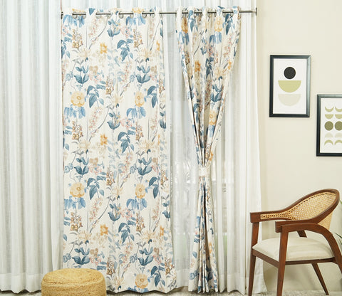 Leafy Floral Print 1 Piece Light-Filtering Curtain (Blue, 7 Feet)