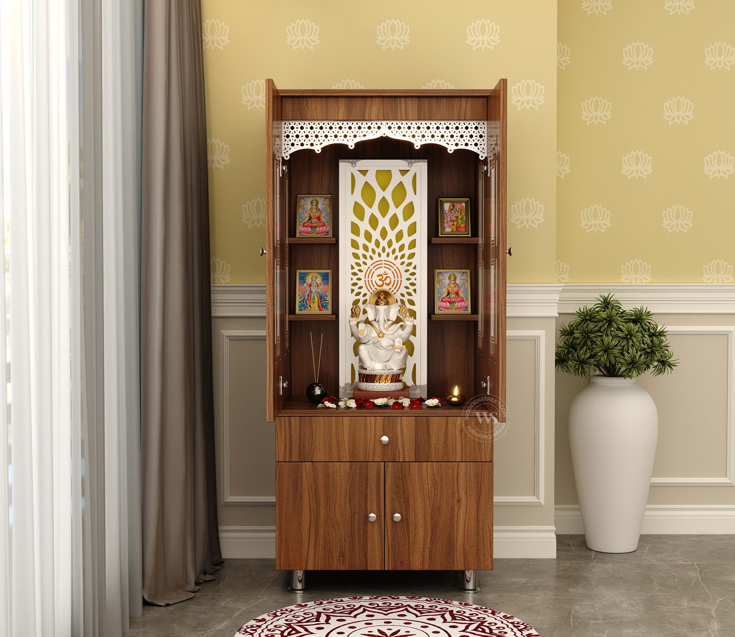 Atharv Engineered Wood Home Temple With Inbuilt LED Light System (Exotic Teak)
