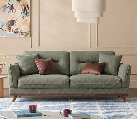 Alvaro 3+1+1 Seater Fabric Sofa with Wooden Accents (Cotton, Sage Green)
