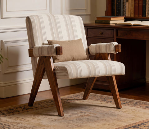 Troupe Sheesham Wood Chandigarh Chair with Premium Upholstery (Cream Stripes, Teak Finish)