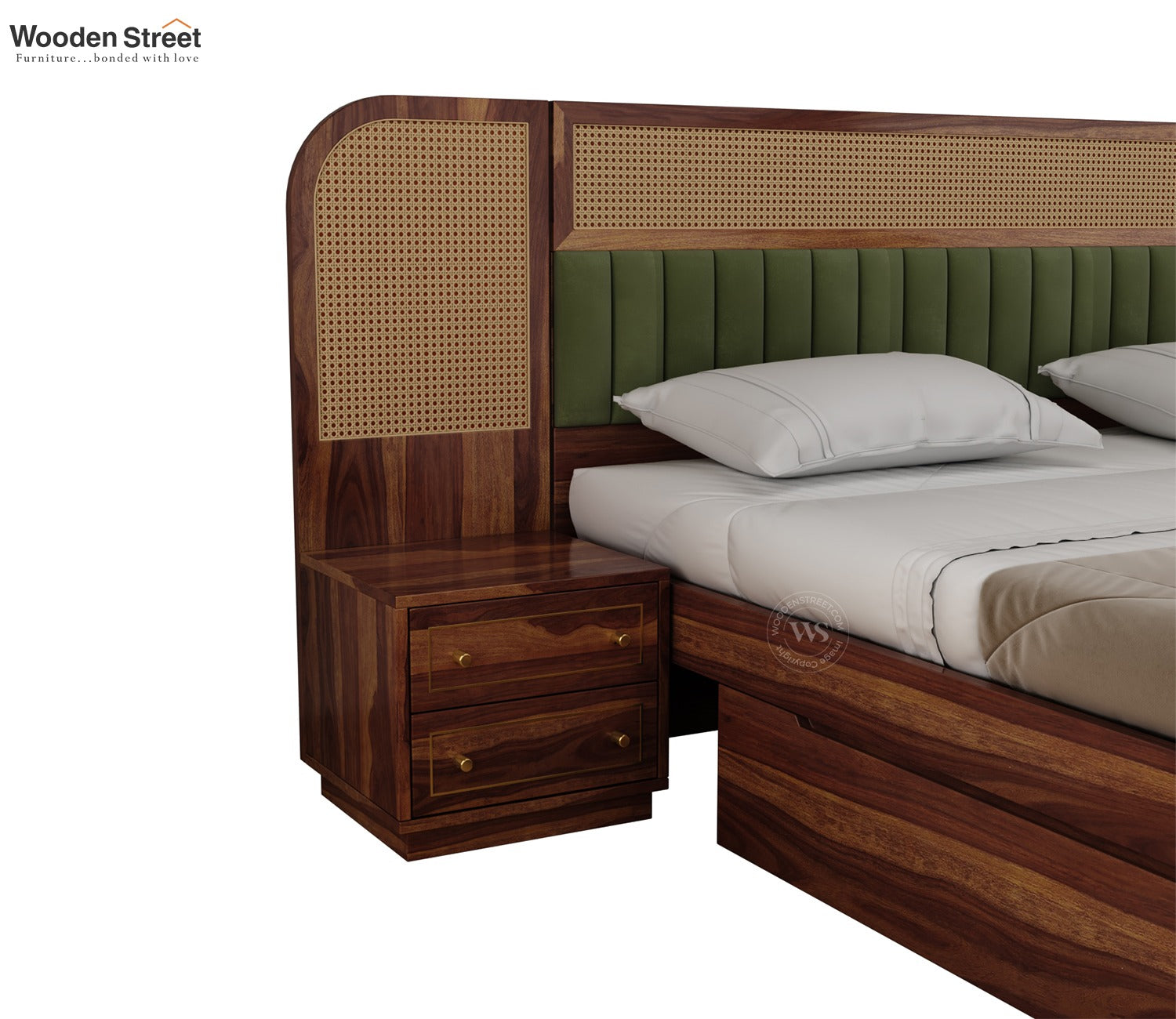 Serah Premium Sheesham Wood Bed with Cane & Velvet Headboard, Drawer Storage & 2 Modular Bedside Tables (King Size, Teak Finish)