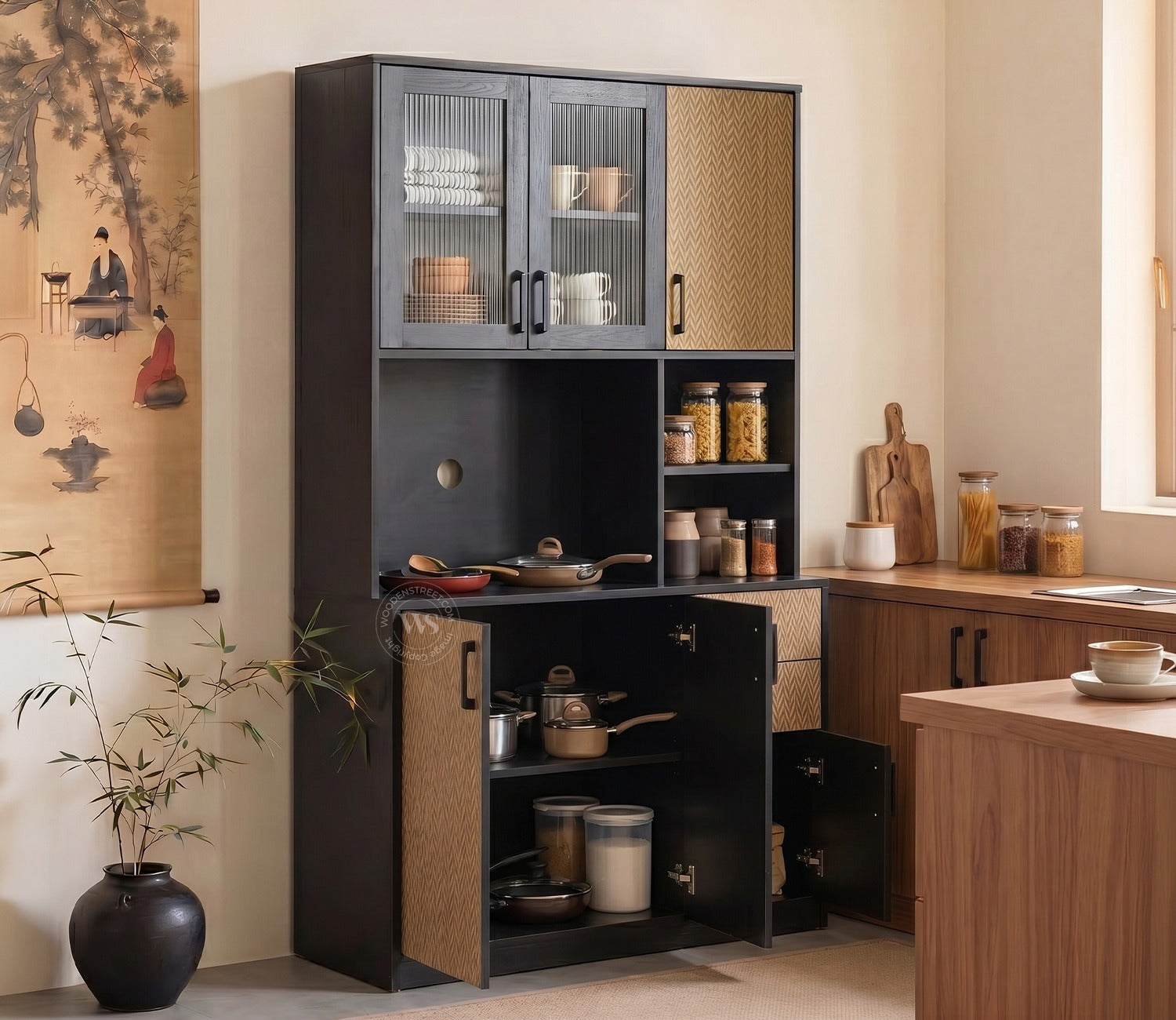 Basilic Engineered Wood Kitchen Cabinet with Textured Front & Ample Storage Space (Zigzag Brown)