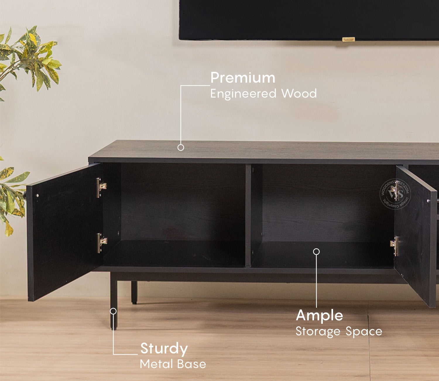 Orbis Modern Black TV Cabinet & Sideboard with Textured Front & Metal Base (Engineered Wood, Marble Pattern)