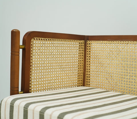 Shloka White Ash Wood Bench with Cane And Adjustable Back Cushioning (Green Stripes)