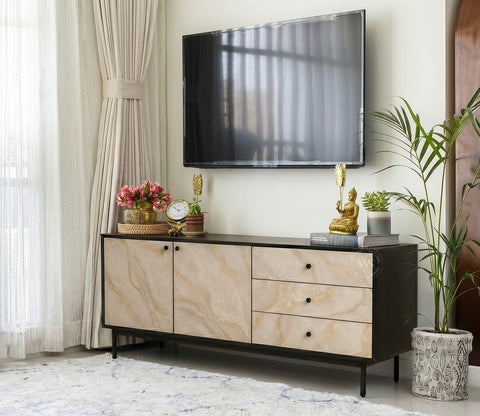 Marbay Modern Black Sideboard & Cabinet with Textured Front & Metal Base (Engineered Wood, Marble Pattern)