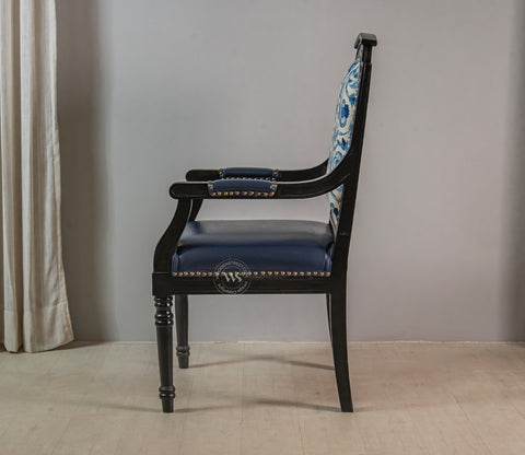 Heritage Dual Upholstery Sheesham Wood Arm Chair with Brass Detailing (Blue)