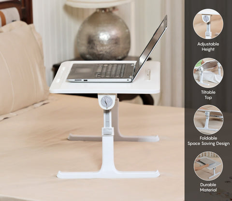 Nerdy Height Adjustable and Foldable Engineered Wood Breakfast, Study and Laptop Table (White)