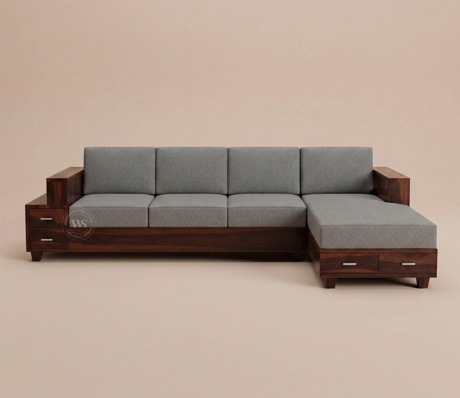 Solace L-Shape Right Aligned 4 Seater Sheesham Wood Sofa (Walnut Finish, Warm Grey)