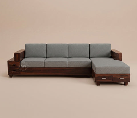 Solace L-Shape Right Aligned 4 Seater Sheesham Wood Sofa (Walnut Finish, Warm Grey)