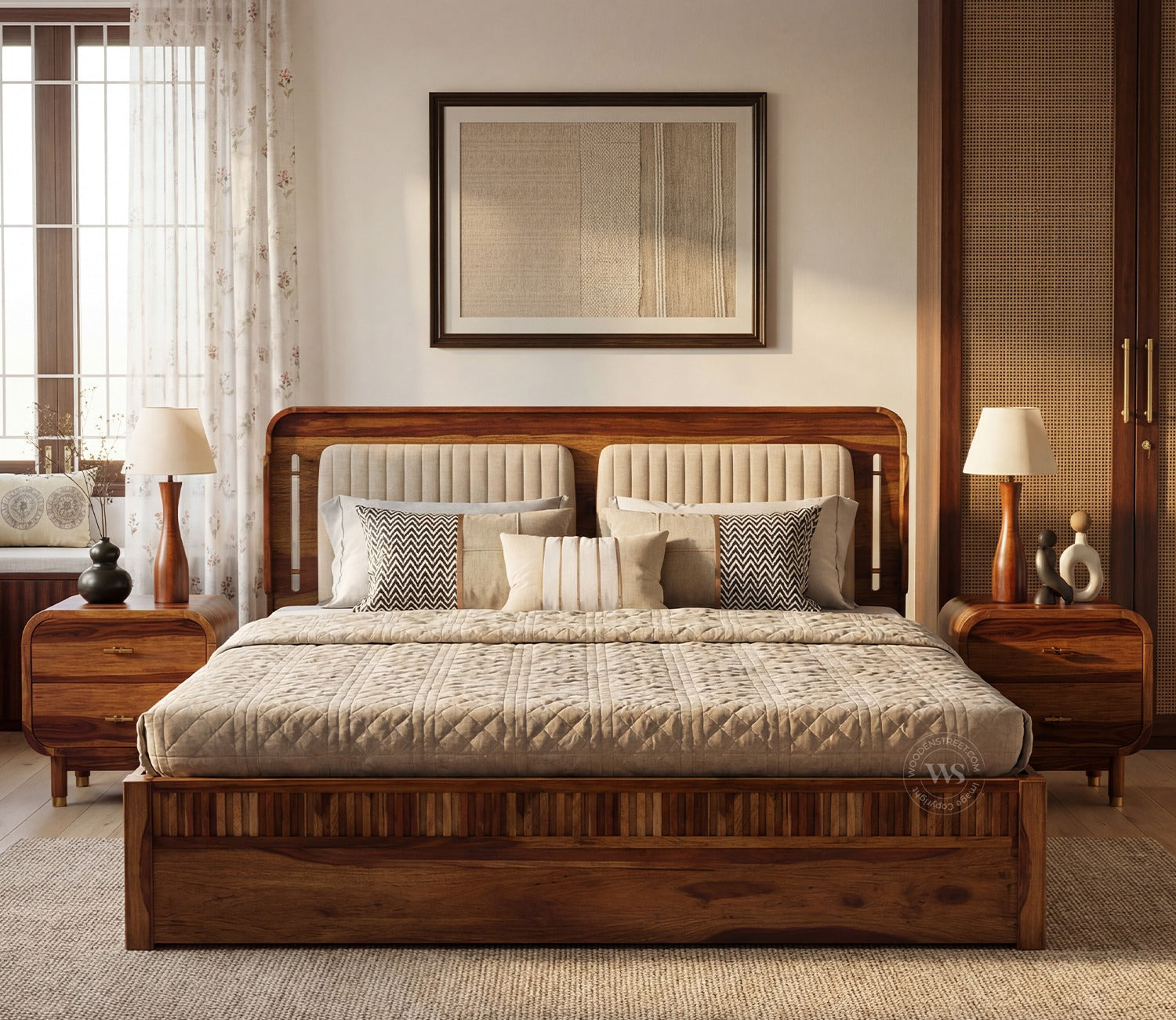 Lotus Premium Sheesham Wood Bed with Drawer Storage (Queen Size, Teak Finish)
