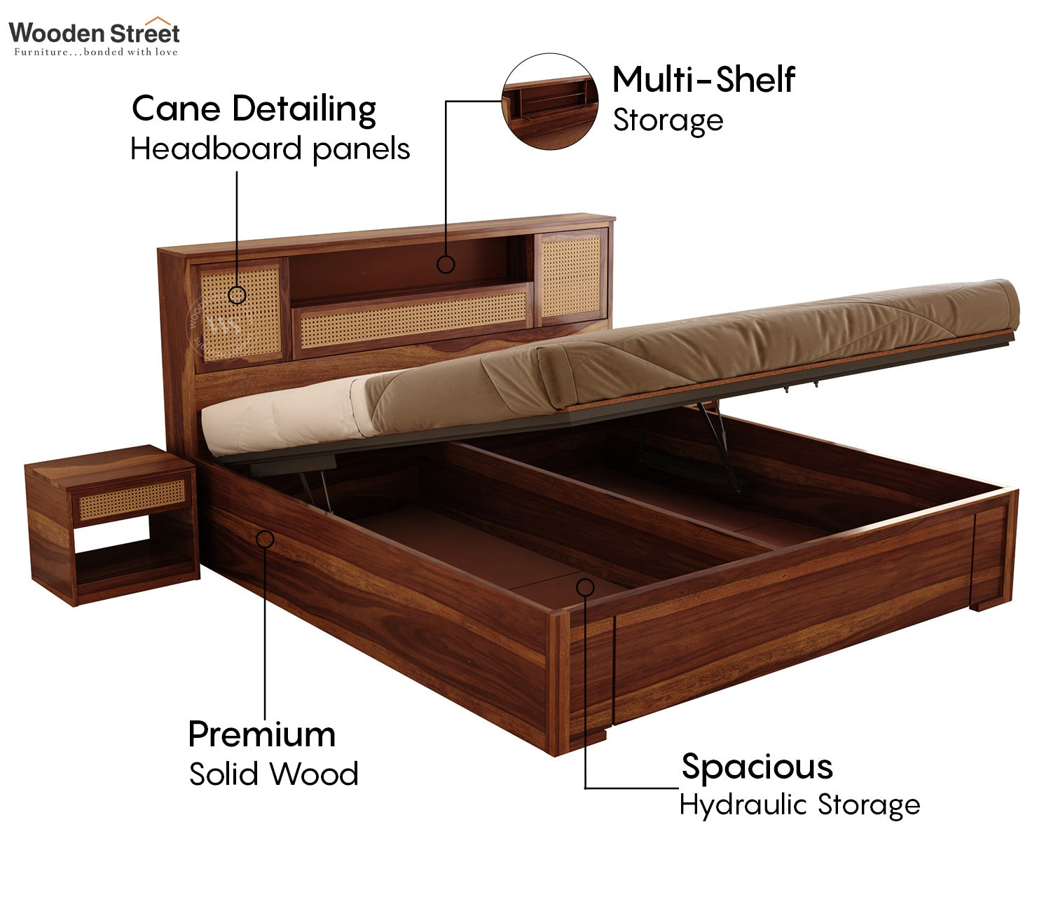 Ferguson Sheesham Wood Bed with Hydraulic Storage and Cane Detailing (Queen Size, Teak Finish)