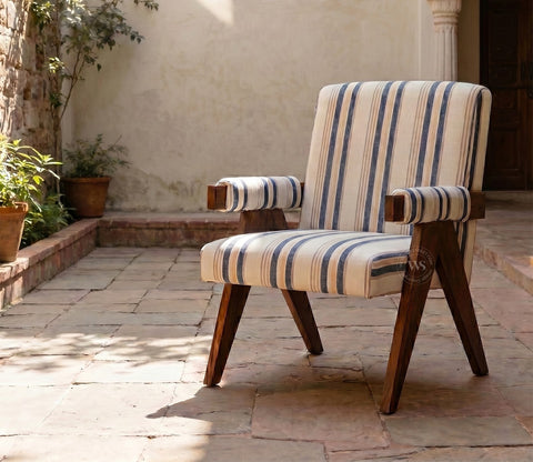 Troupe Sheesham Wood Chandigarh Chair with Premium Upholstery (Blue Stripes, Teak Finish)