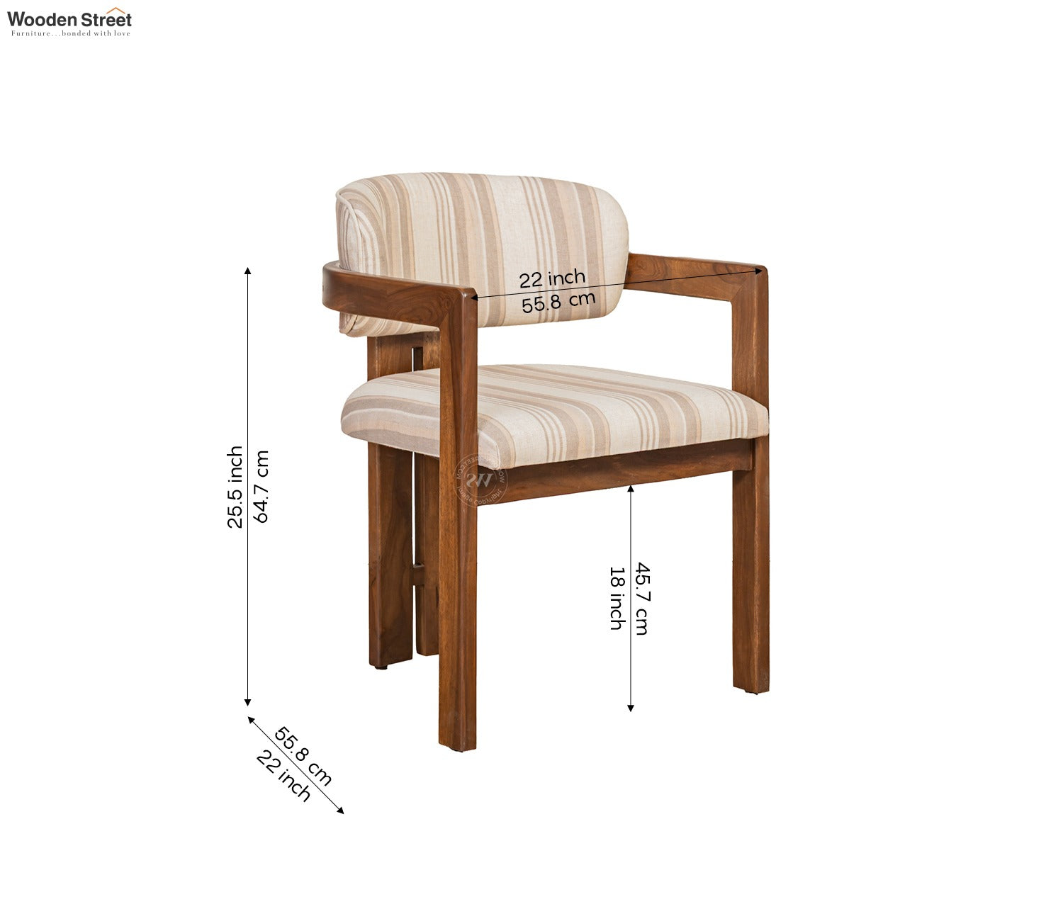 Kaaya Sheesham Wood Arm Chair With Premium Upholstery (Cream Stripes, Teak Finish)