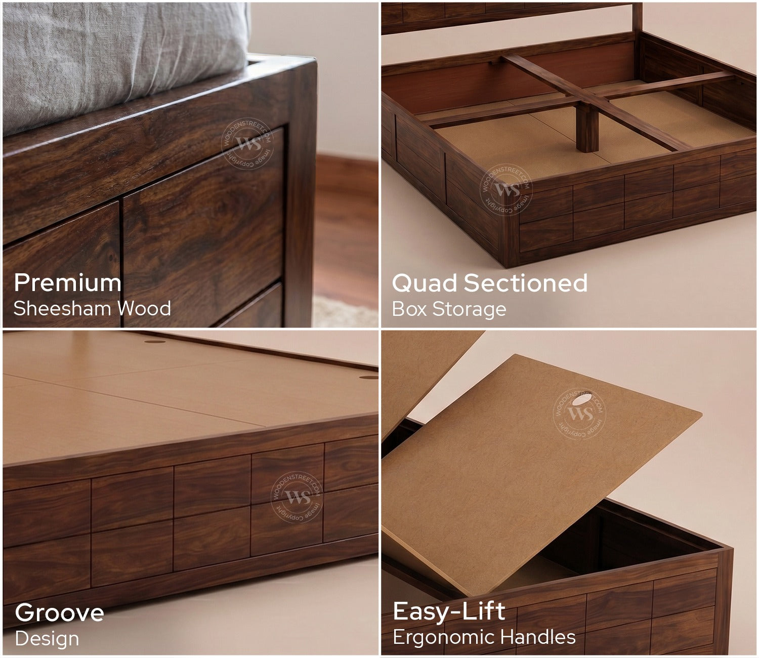 Brixton Sheesham Wood Bed With Box Storage (King Size, Walnut Finish)