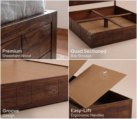Brixton Sheesham Wood Bed With Box Storage (King Size, Walnut Finish)