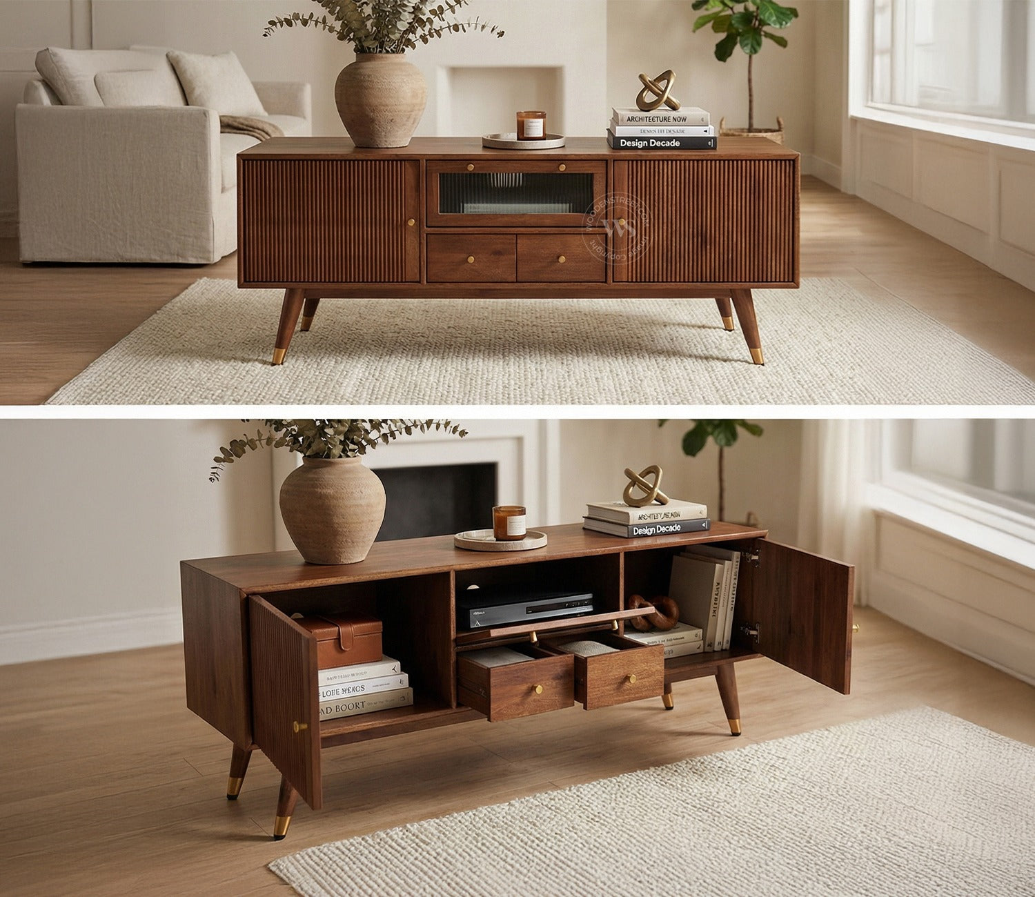 Hamona Premium Mango Wood TV Unit with Drawers And Cabinets (Teak Finish)