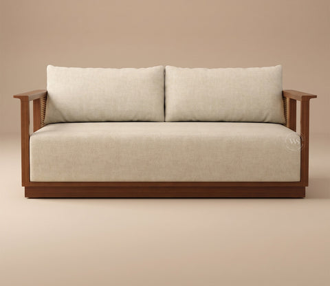 Varnik 3+1+1 Ash Wood Sofa Set with Cane Accents (Teak Finish, Cottage Ivory)