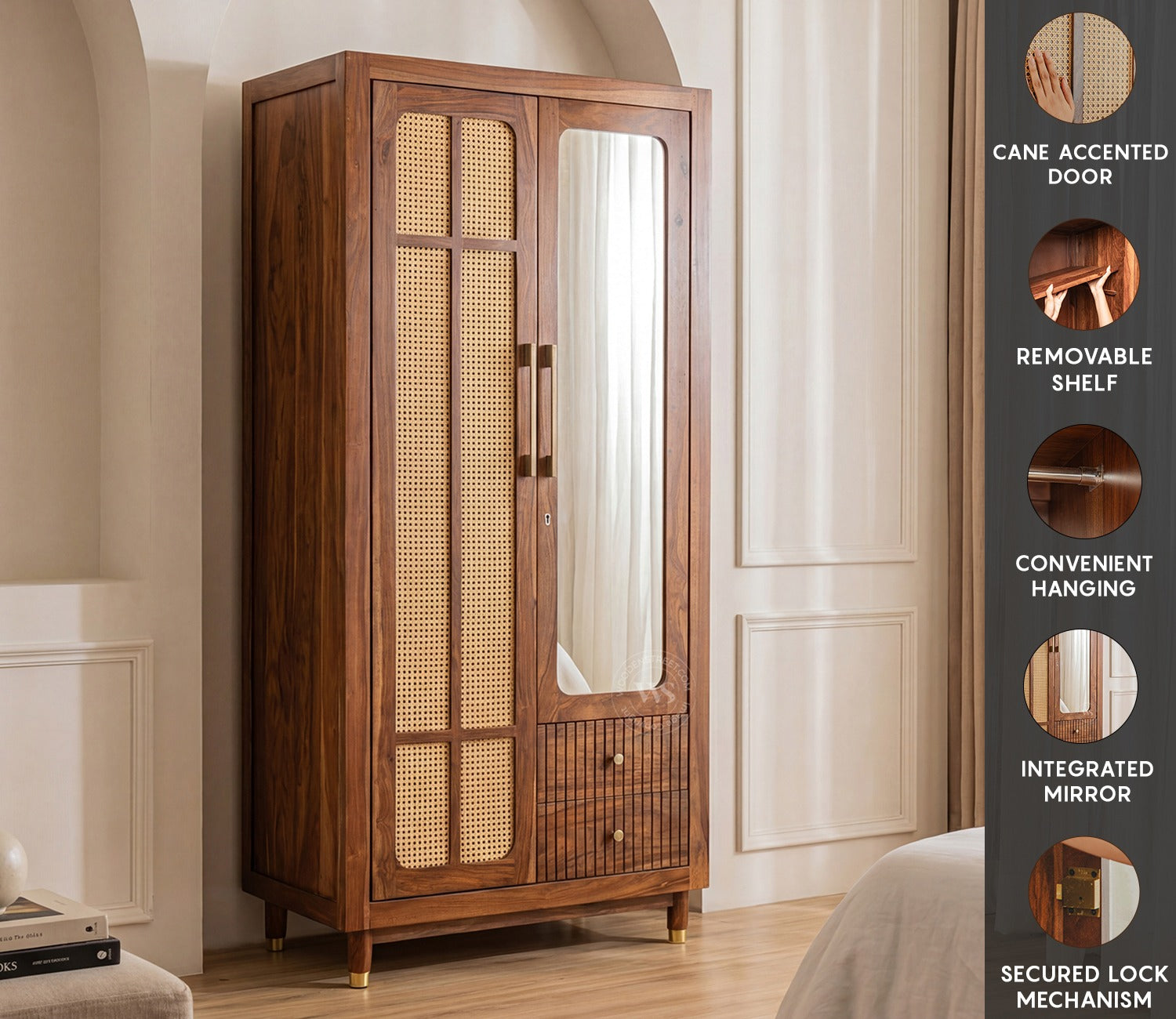 Rida Sheesham Wood Wardrobe with Elegant Cane Detailing and Mirror (Teak Finish)